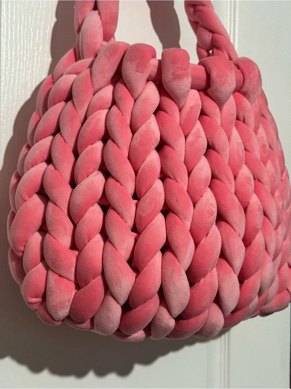 New Velour Handwoven Chunky Knit Pink Tote Bag